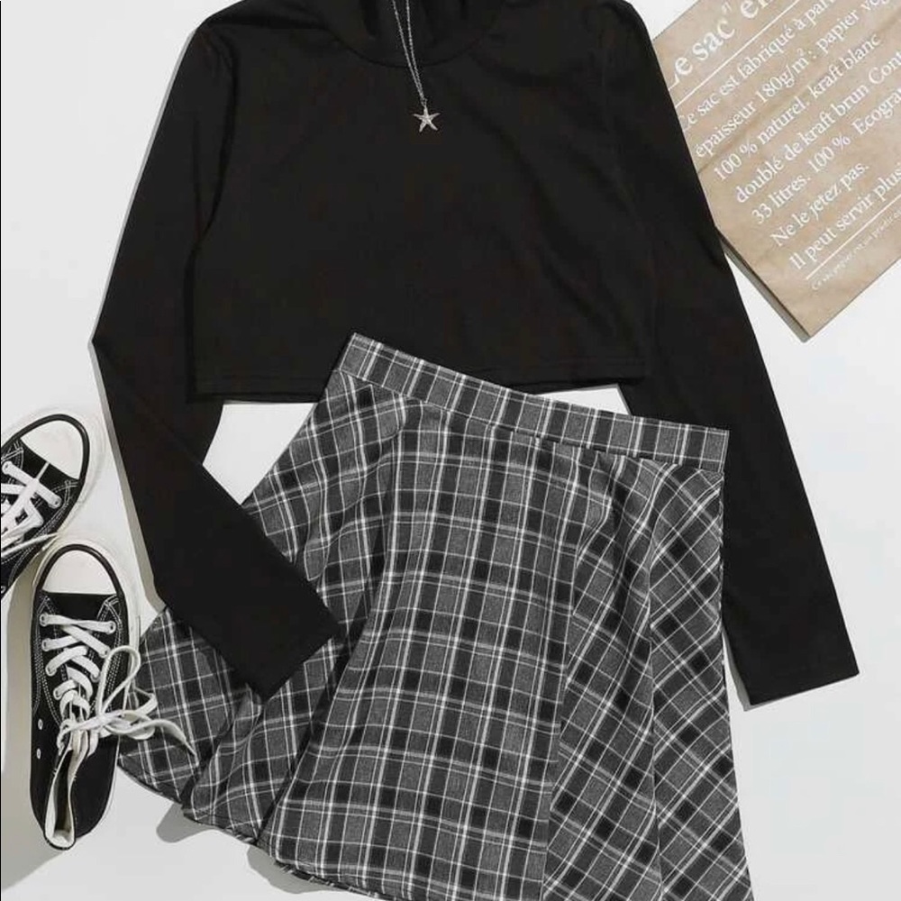 Mock neck Solid Tee & plaid skirt